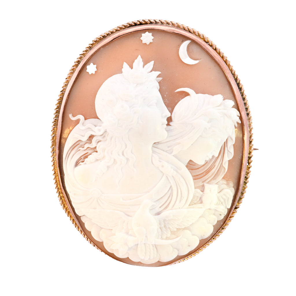 Antique 9ct Gold Day & Night Goddesses Cameo Brooch