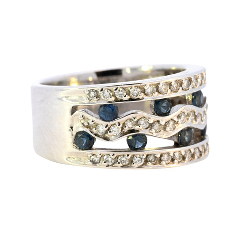 18ct White Gold Sapphire & Diamond Wave Band Ring