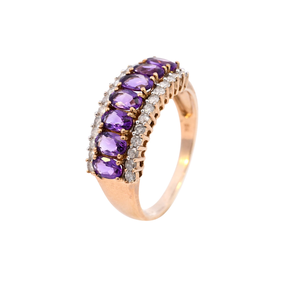 9ct Yellow Gold Amethyst & Diamond 3 Row Ring (SH22-332)