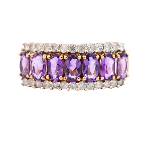 9ct Yellow Gold Amethyst & Diamond 3 Row Ring (SH22-332)