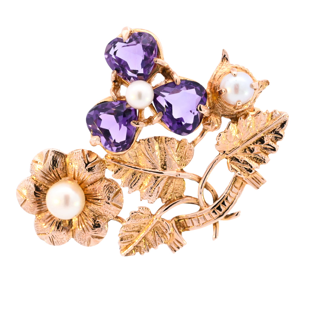 9ct Yellow Gold Amethyst & Pearl Brooch (SH23-523)