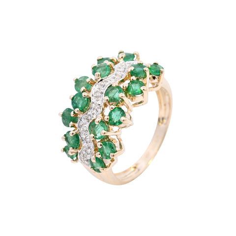 9ct Yellow Gold Emerald & Diamond Wavy Band Ring (SH24-015)
