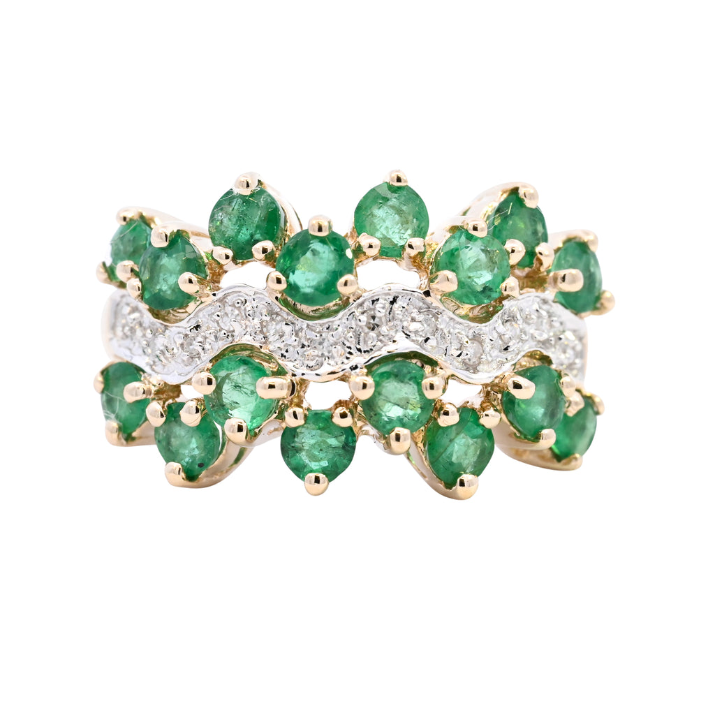 9ct Yellow Gold Emerald & Diamond Wavy Band Ring (SH24-015)
