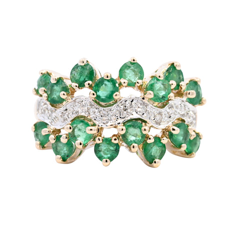 9ct Yellow Gold Emerald & Diamond Wavy Band Ring (SH24-015)