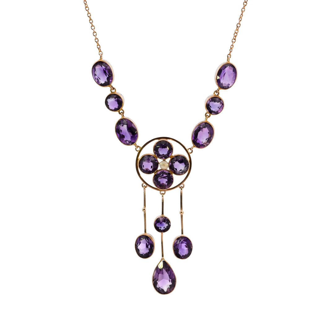 Antique 9ct Gold Amethyst & Pearl Necklet (SH24-446)
