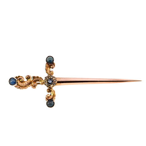 Antique 15ct Gold Sapphire & Diamond Sword Brooch (SH24-533)