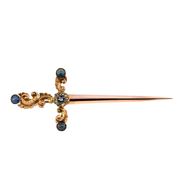 Antique 15ct Gold Sapphire & Diamond Sword Brooch