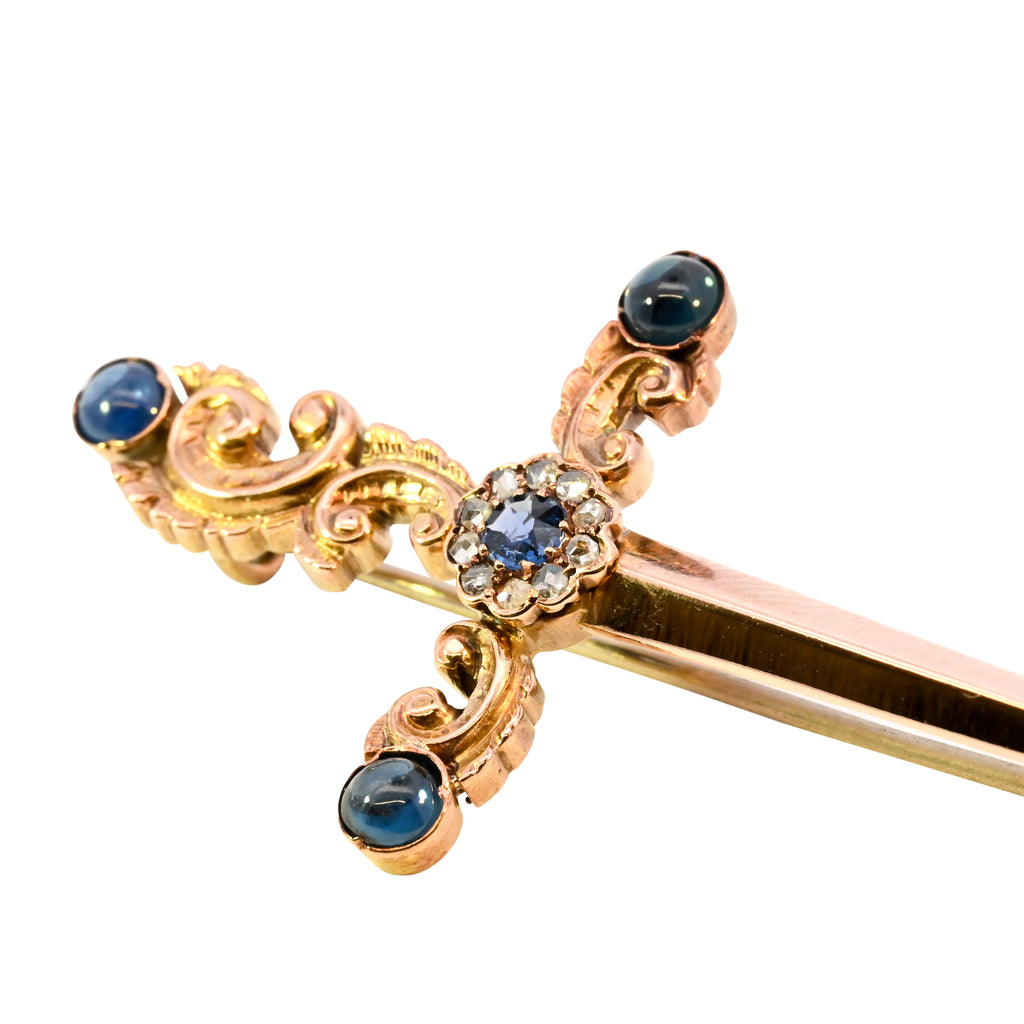 Antique 15ct Gold Sapphire & Diamond Sword Brooch (SH24-533)
