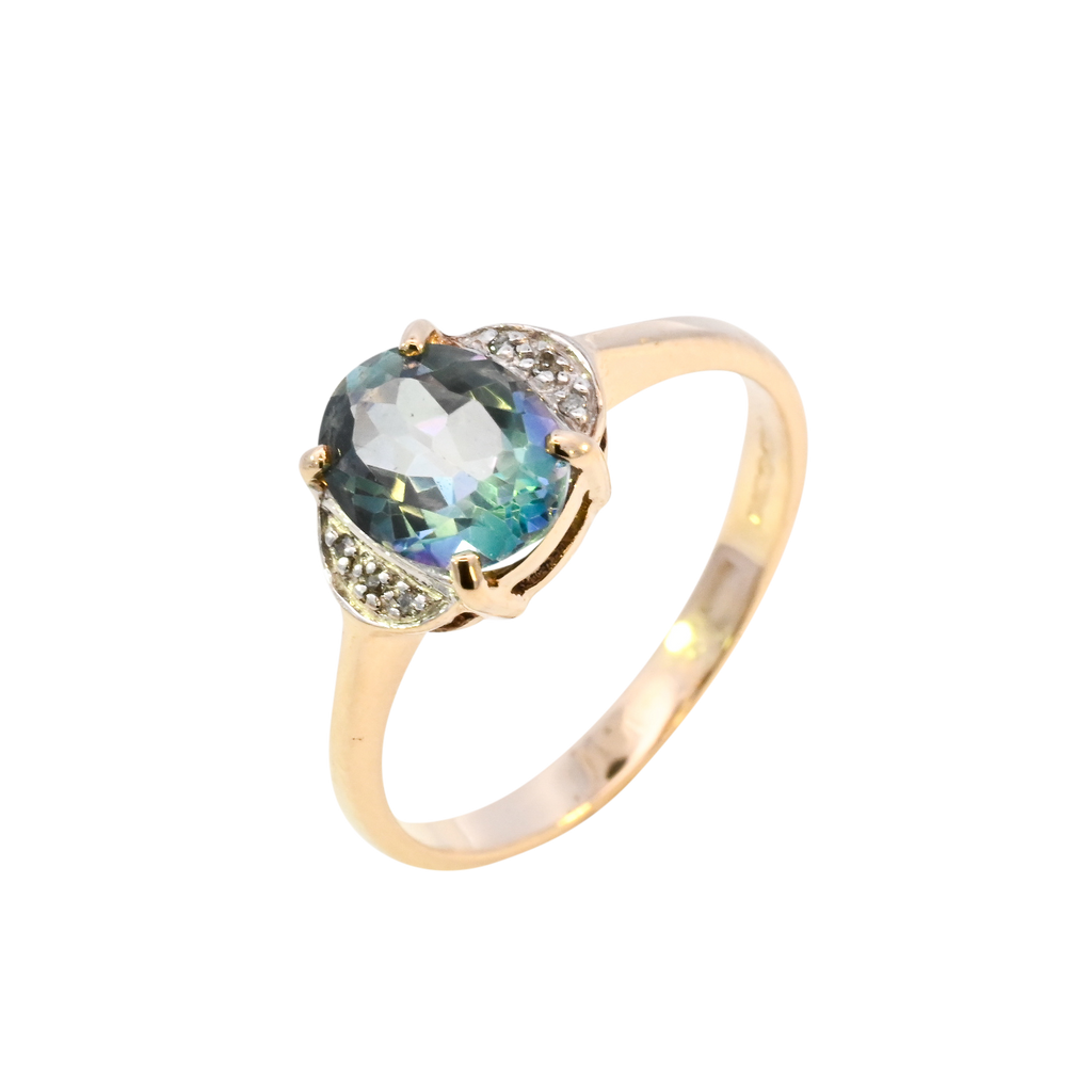 9ct Yellow Gold Blue Topaz & Diamond Ring (SH24-536)
