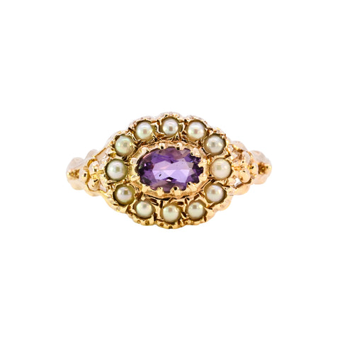 9ct Yellow Gold Amethyst & Pearl Ring