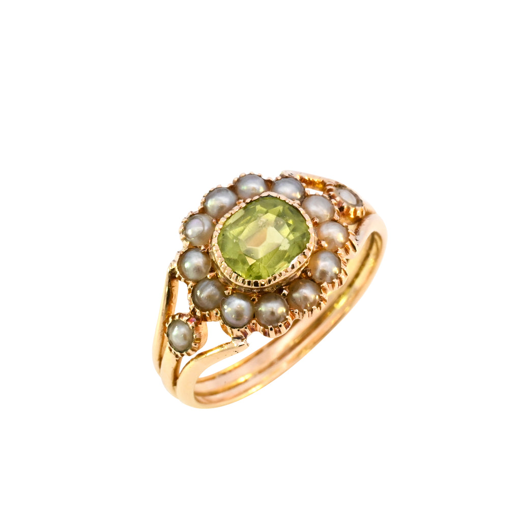 18ct Yellow Gold Peridot & Pearl Cluster Ring (SH24-624)