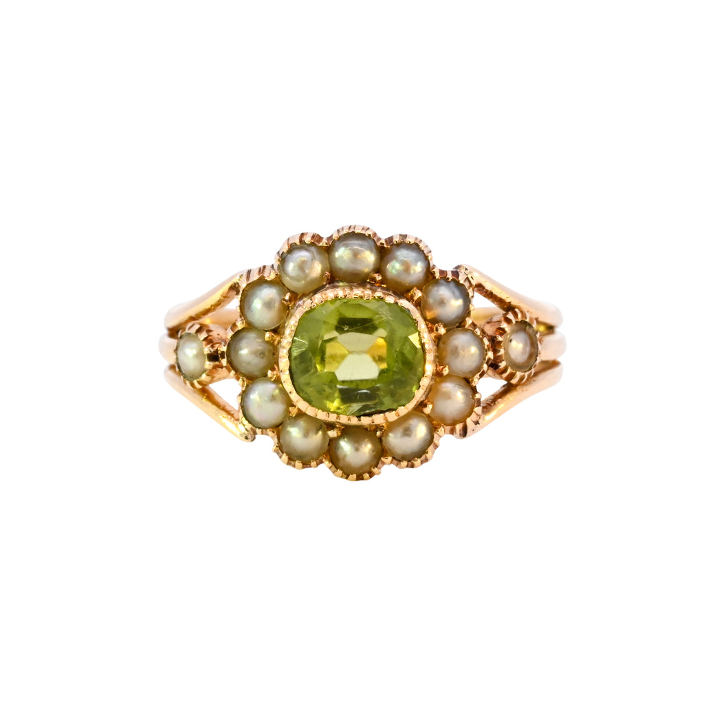 18ct Yellow Gold Peridot & Pearl Cluster Ring (SH24-624)