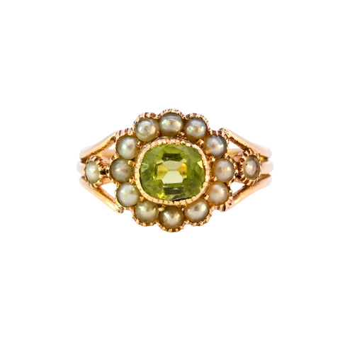 18ct Yellow Gold Peridot & Pearl Cluster Ring (SH24-624)