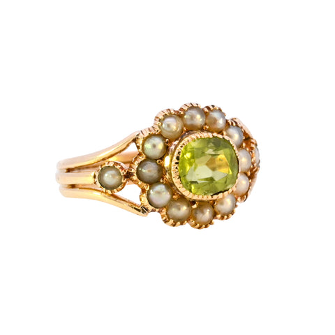 18ct Yellow Gold Peridot & Pearl Cluster Ring (SH24-624)