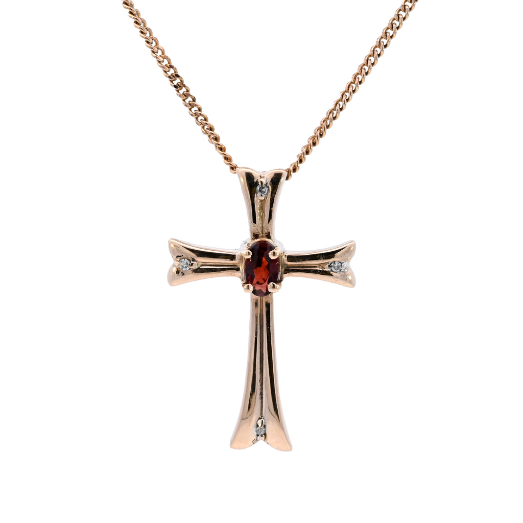 9ct Yellow Gold Garnet & Diamond Cross Necklace (SH24-002)