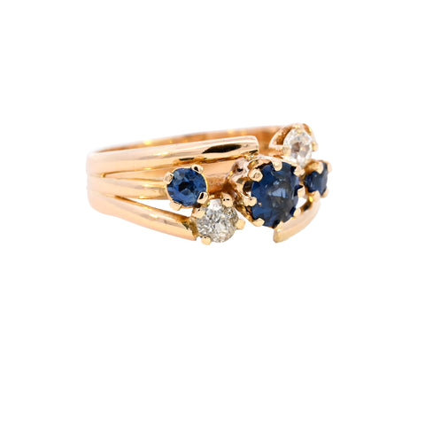 Antique Gold Sapphire & Diamond Crossover Ring