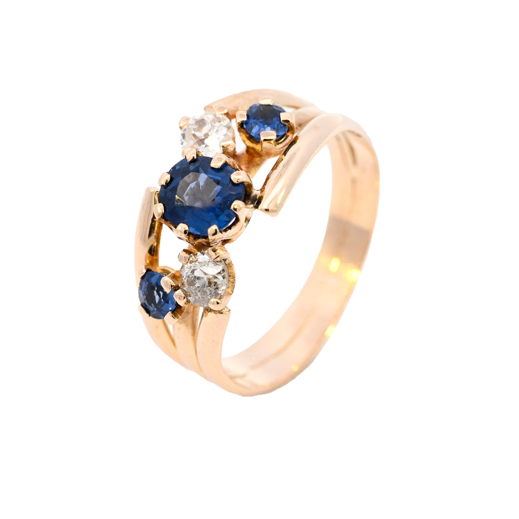 Antique Gold Sapphire & Diamond Crossover Ring (SH24-008)