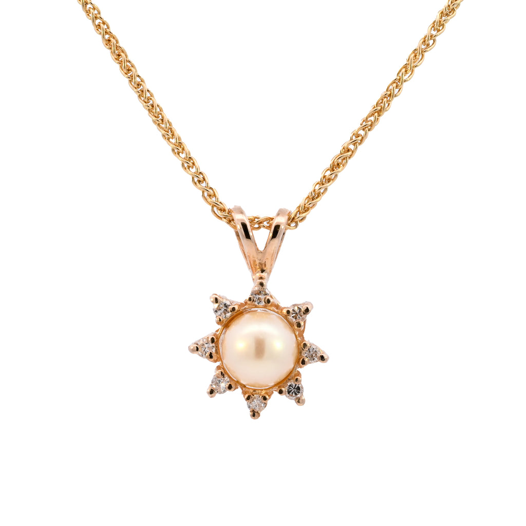 14k Yellow Gold Pearl & Diamond Cluster Necklace