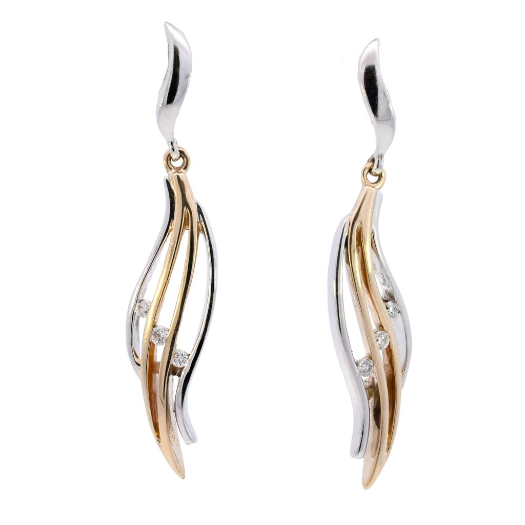 9ct Two Tone Gold 0.12ct Diamond Wavy Drop Studs (SH24-049)
