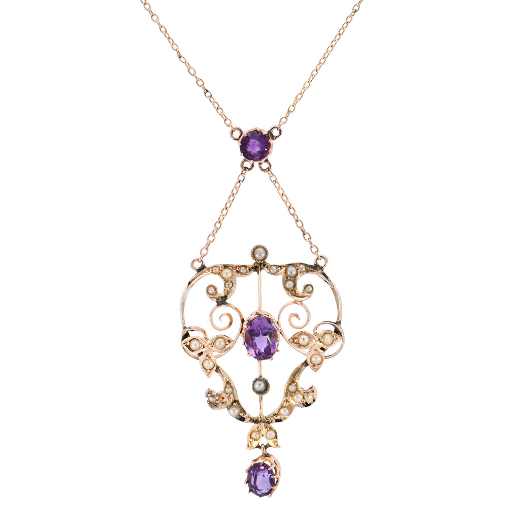 Antique 9ct Gold Amethyst & Pearl Necklace (SH24-218)