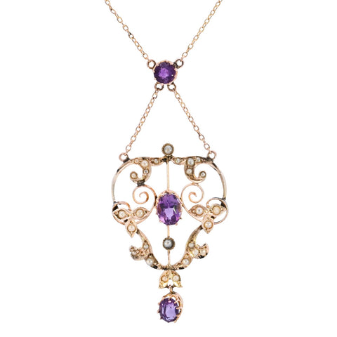 Antique 9ct Gold Amethyst & Pearl Necklace