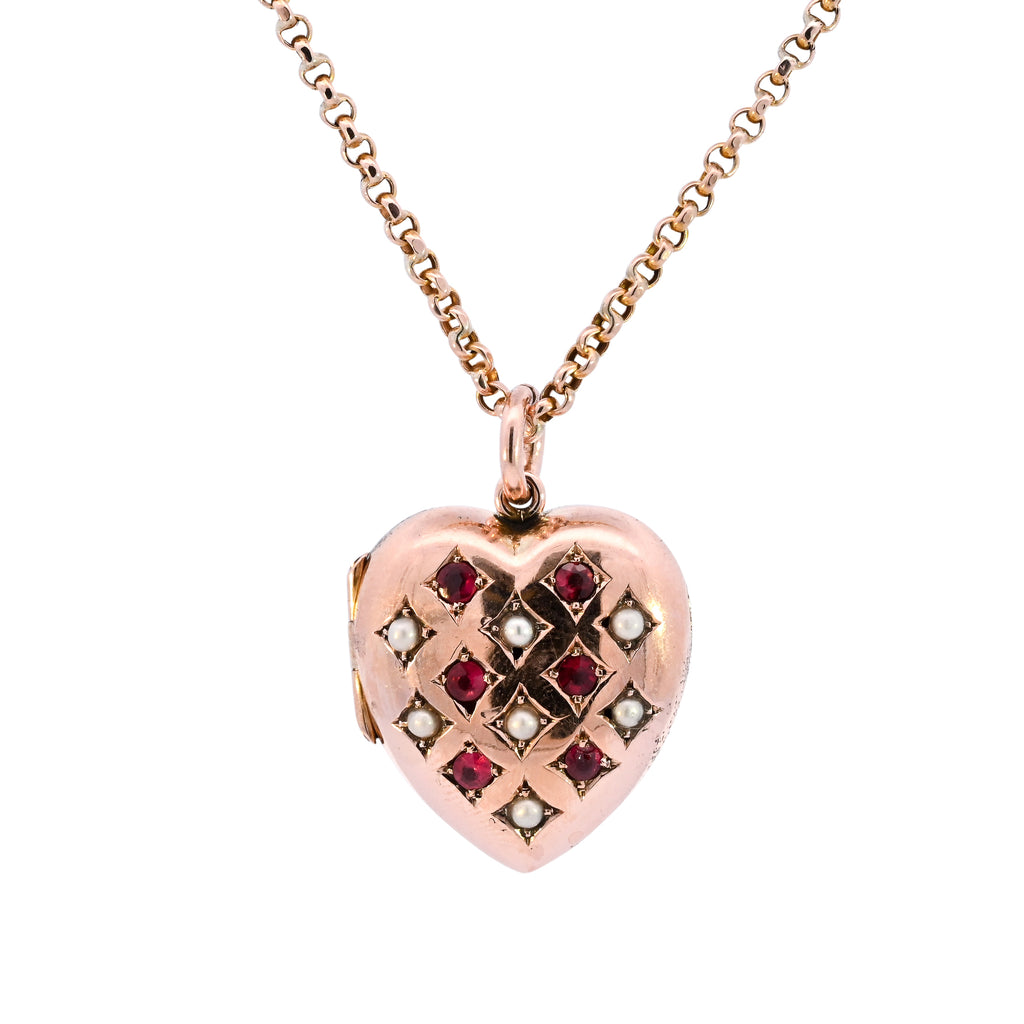 Antique 9ct Gold Ruby & Pearl Locket Necklace (SH24-299)