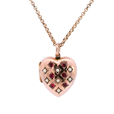 Antique 9ct Gold Ruby & Pearl Locket Necklace (SH24-299)