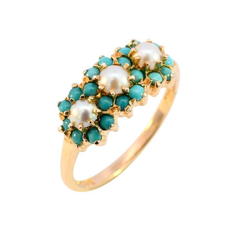 9ct Yellow Gold Turquoise & Pearl Ring