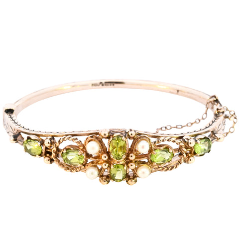 9ct Yellow Gold Peridot & Pearl Bangle (SH24-342)