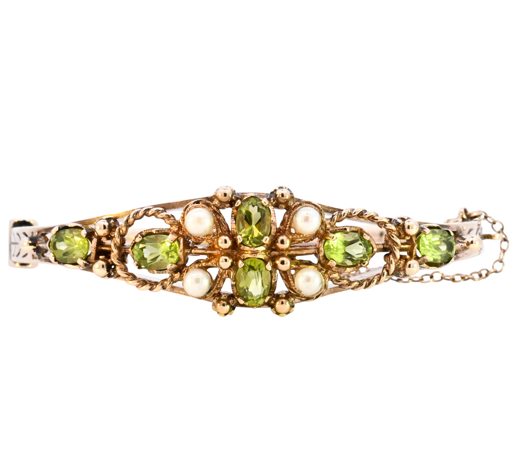 9ct Yellow Gold Peridot & Pearl Bangle (SH24-342)