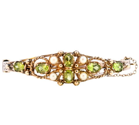 9ct Yellow Gold Peridot & Pearl Bangle (SH24-342)