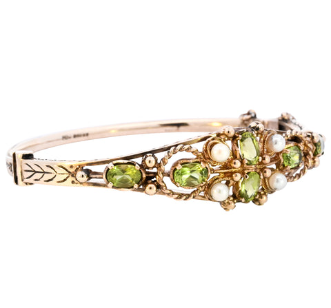 9ct Yellow Gold Peridot & Pearl Bangle (SH24-342)