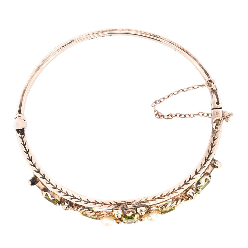 9ct Yellow Gold Peridot & Pearl Bangle (SH24-342)