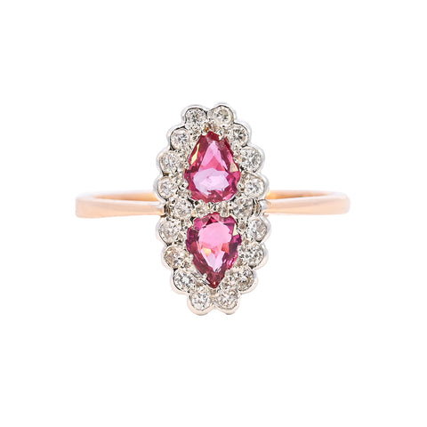18ct Yellow Gold Ruby & Diamond Double Cluster Ring