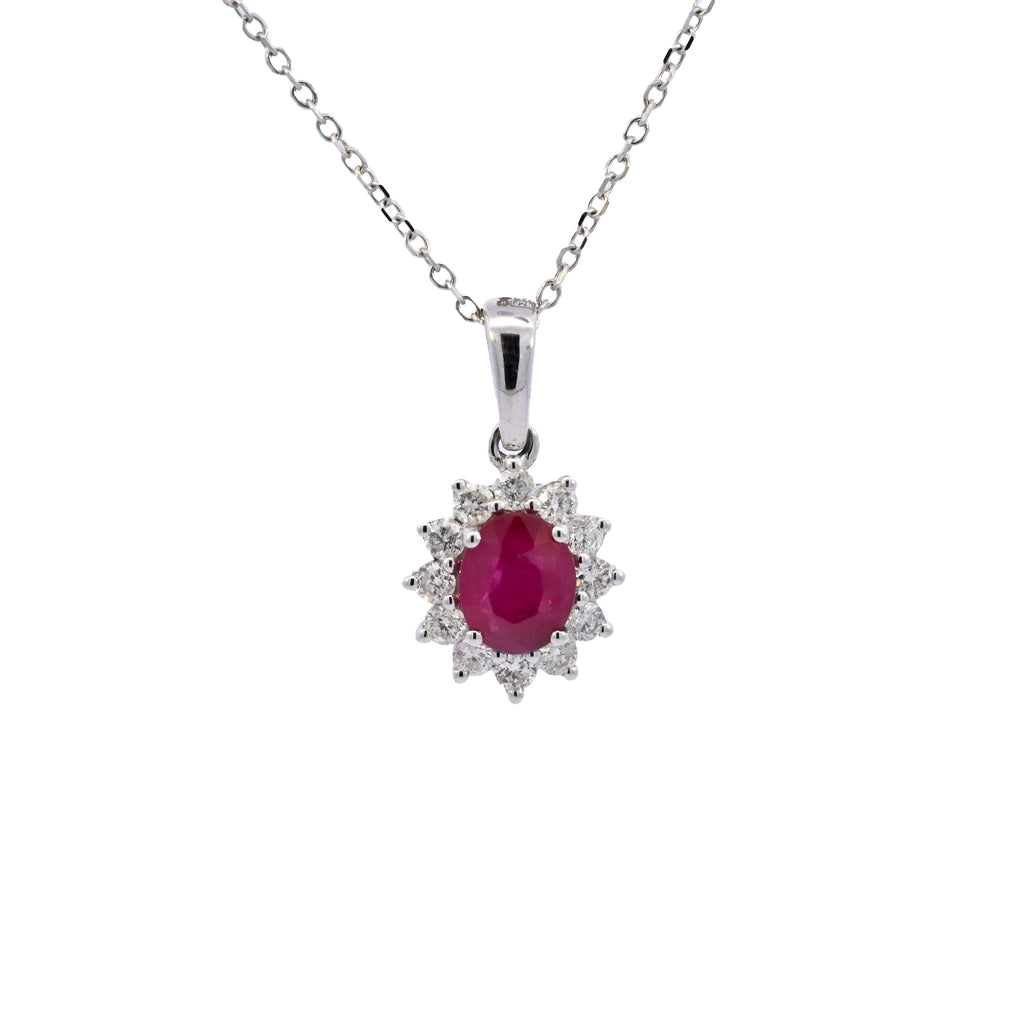 18ct White Gold Ruby & Diamond Cluster Necklace