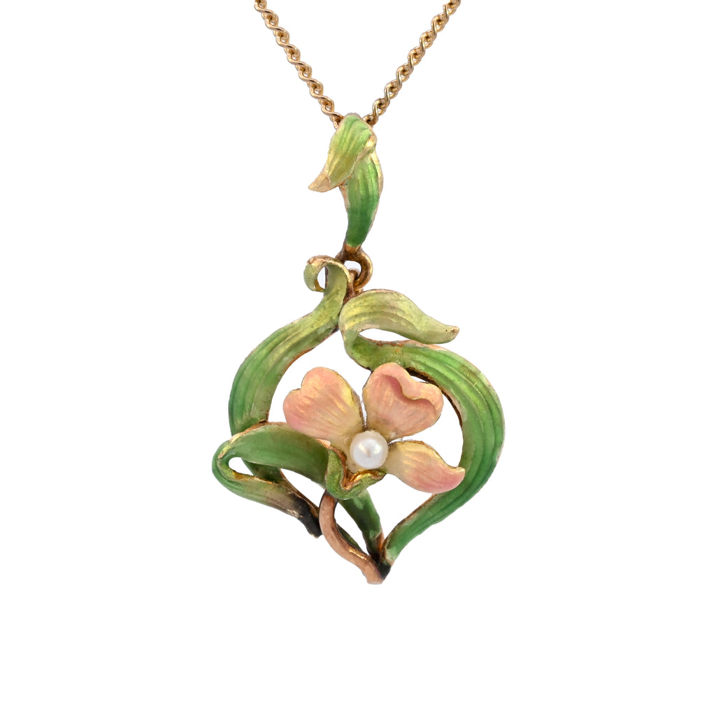 Antique 15ct Gold Art Nouveau Pearl & Enamel Necklace