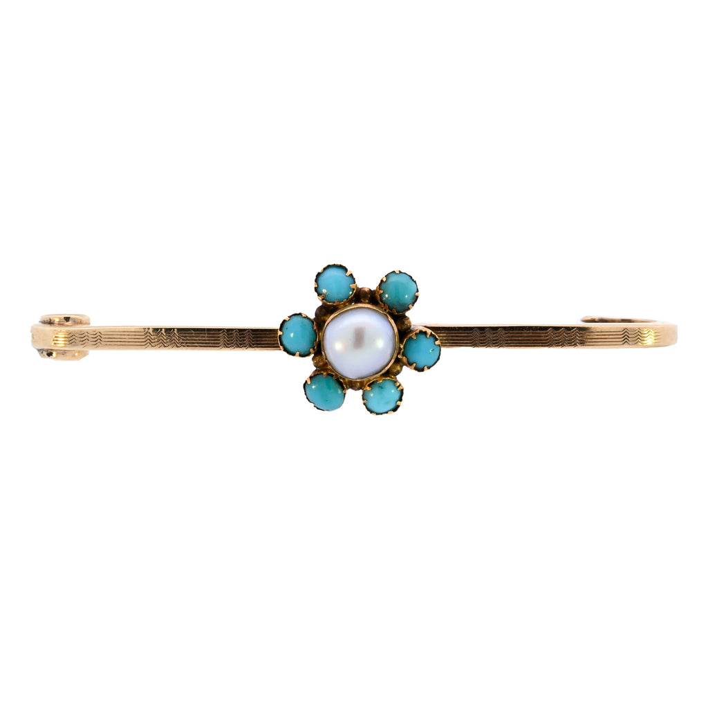 Antique 15ct Gold Pearl & Turquoise Bar Brooch